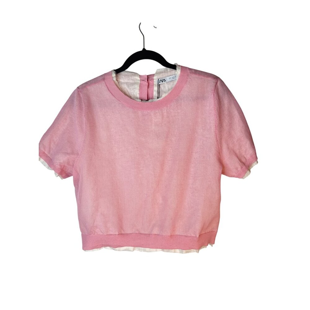 NWT ZARA Pink Medium Short Sleeve Linen Blend Dainty, Whimsical Top - Picture 13 of 16